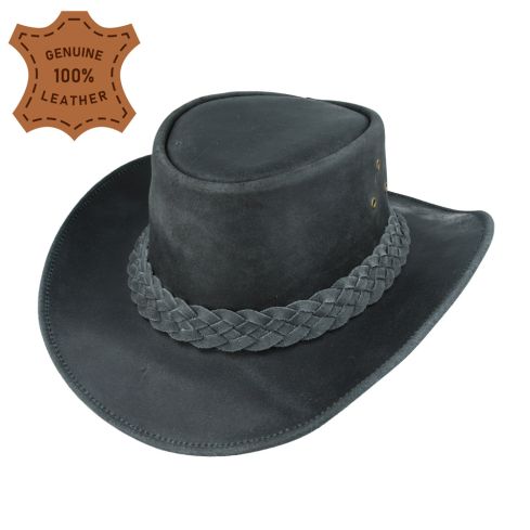  Maz Genuine Leather Australian Western Outback Aussie Cowboy Hat - Black
