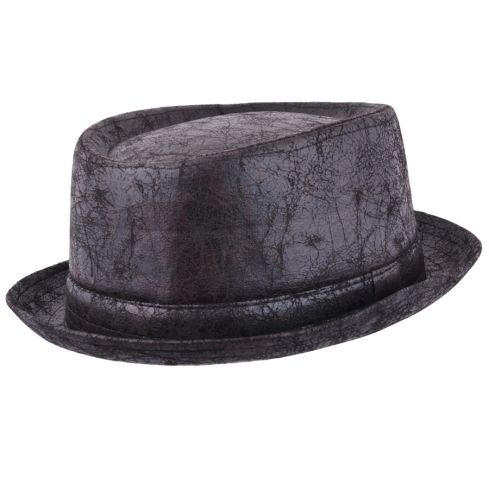 Maz Cracked Leather Distressed Vintage Pork pie Hat - Black
