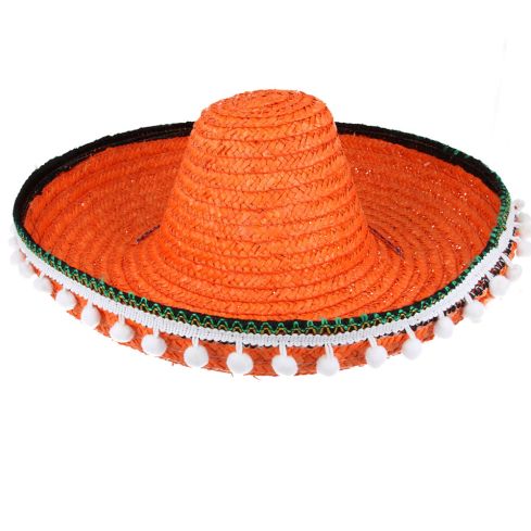 Maz Mexican Sombrero Pom Poms Wild Western Straw Hat - Orange