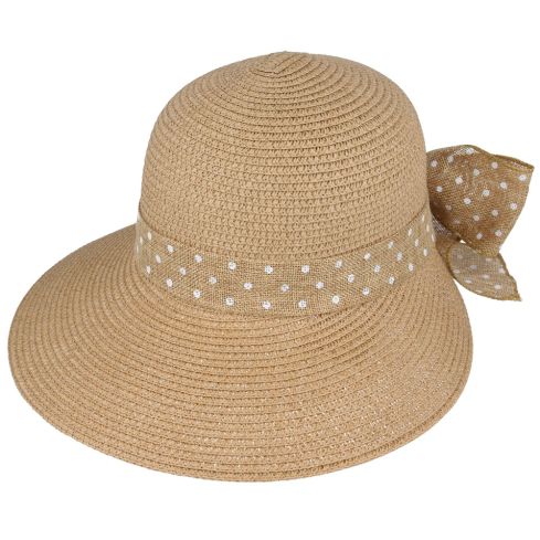 Maz Split Brim Summer Cloche hat with Bow - Beige