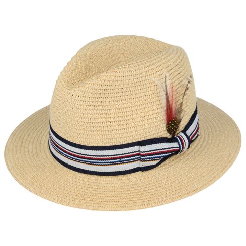 Maz Summer Paper Straw Fedora Hat With Strip Band - Beige