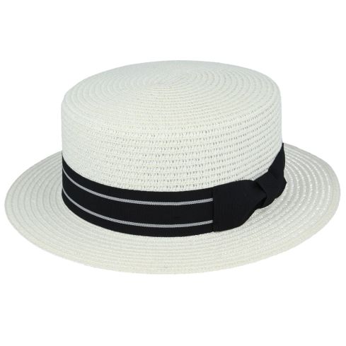Maz Summer Paper Straw Boater Hat Striped Band - Cream