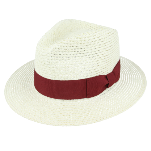 Maz Limited Edition Straw Fedora Hat With Maroon Band - Cream