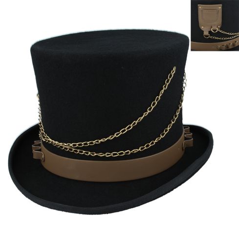 Maz Gothic Victorian Steampunk Top Hat With Laced Brown Leather Look Band - Black