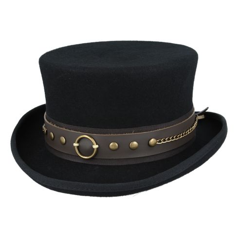 Maz Gothic Dressage Steampunk Top Hat With Laced Brown Leather  Band - Black