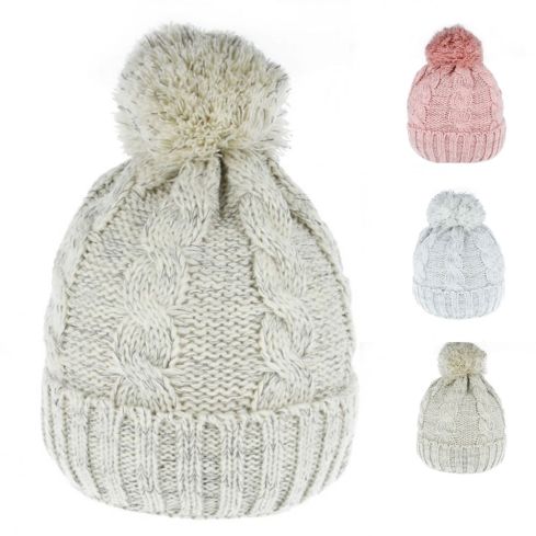 Maz Pom Pom Cable Knit Beanies With Warm Liner Multiple Colours