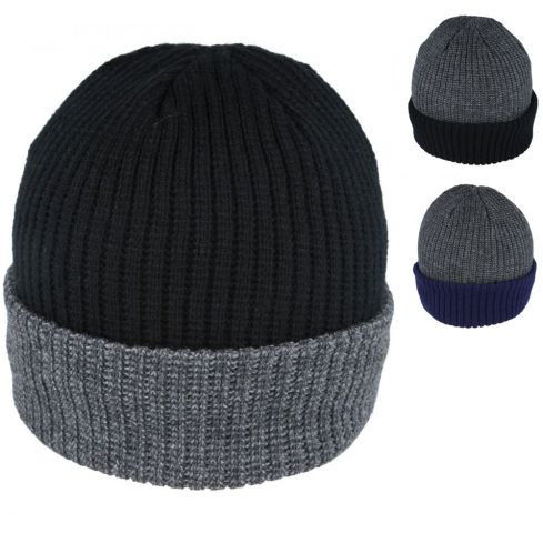 Maz Two-Tone Knit Beanie with Fleece Liner Multiple Colours - Black, Navy, Grey