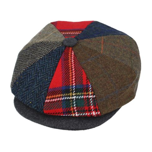Maz Donegal Tweed Herringbone Tartan Patch Newsboy Cap - Multi Colour