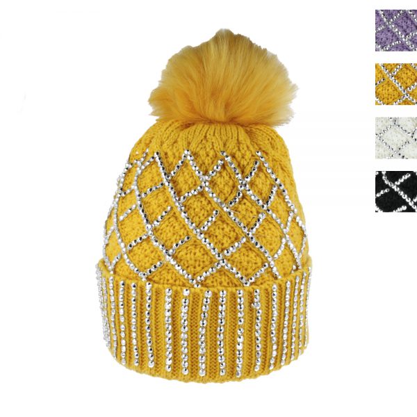 Maz Diamante Faux Fur Pom Knitted Beanies with Warm Liner - Multiple Colours