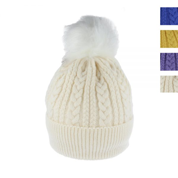 Maz Cable Knitted Beanies with Faux Fur Pom Pom & Warm Liner - Multiple Colours