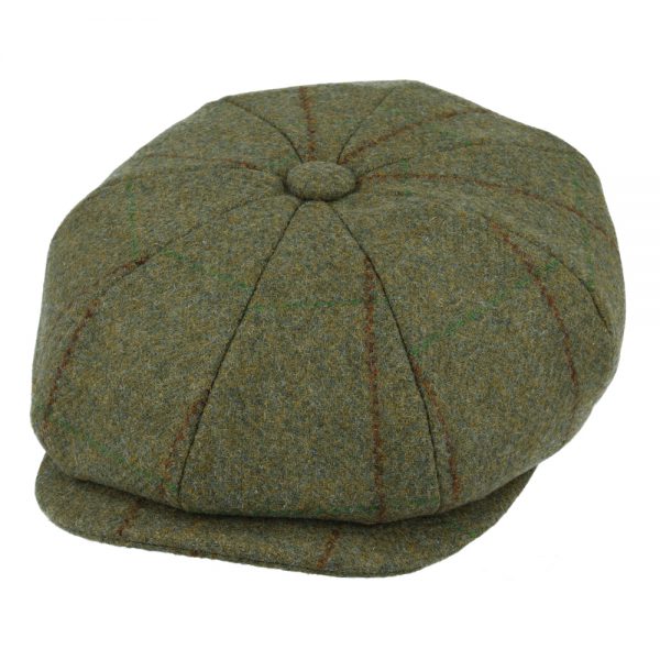 Maz Genuine Tweed Newsboy Cap with Durable Green & Red Stripe - Green