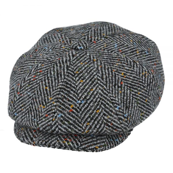 Maz Wool Tweed Herringbone 8 Panel Newsboy Cap - Grey
