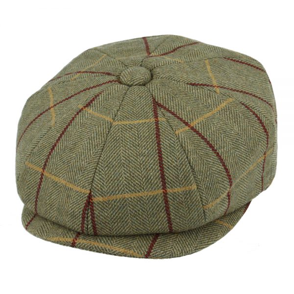 Maz Wool Tweed Newsboy Cap with Durable Green & Red Stripe - Green