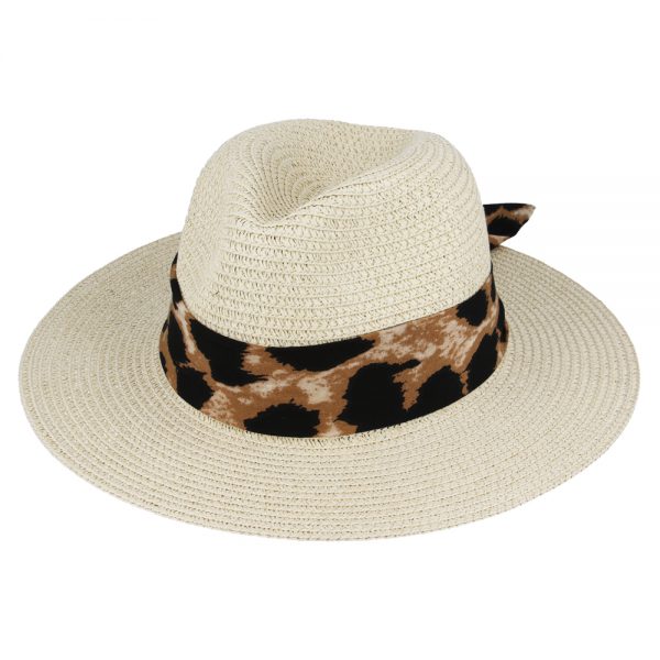 Summer Paper Straw Fedora Hat With Leopard Band