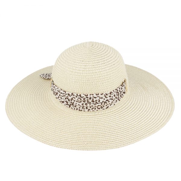 Ladies Summer Paper Straw Wide Brim Floppy Hat With Leopard Band