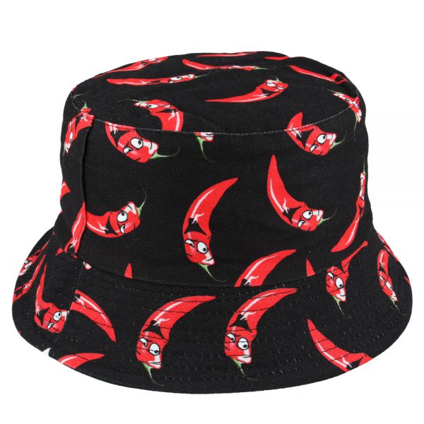 Maz Red Chili Pepper Summer Cotton Bucket Hat - Black