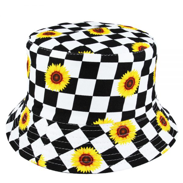 Maz Checkered Sunflower Summer Cotton Bucket Hat - White