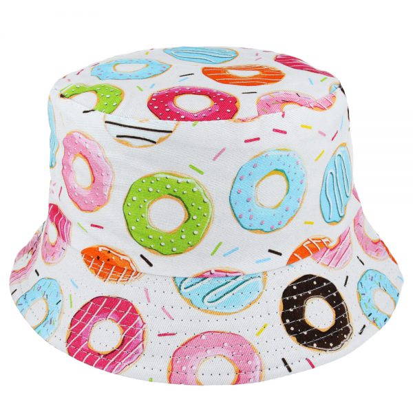 Donut Print Summer Cotton Fisherman Bucket Hat - White