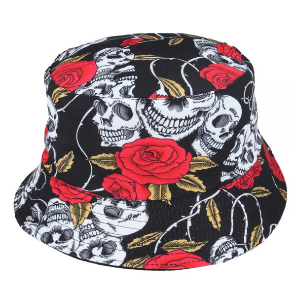 Maz Reversible Rock Skull Roses Pattern Bucket Fisherman Hat - Black