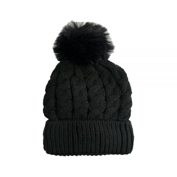 Maz Cable Knitted Beanie With Faux Fur Pom Pom - Black