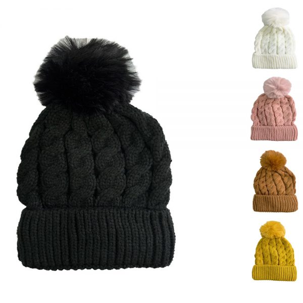 Maz Cable Knitted Beanie With Faux Fur Pom Pom - Mix Colours
