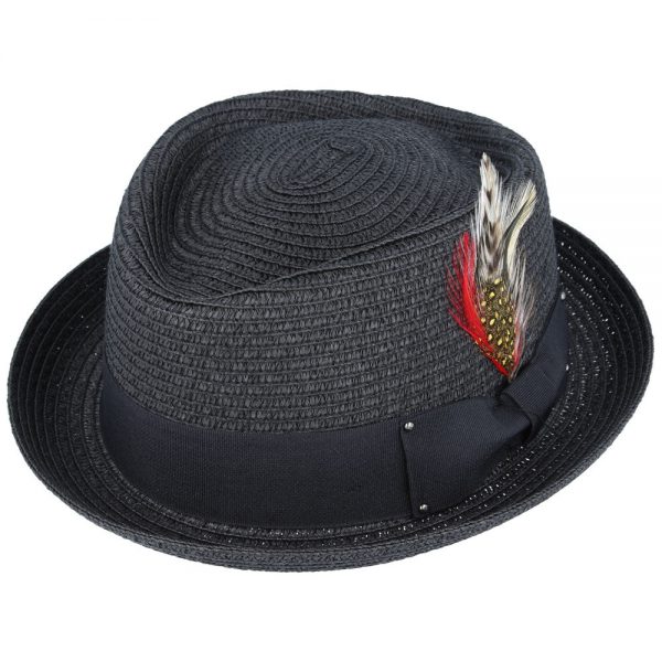 Summer Straw Diamond Crown Pork Pie Hat - Black