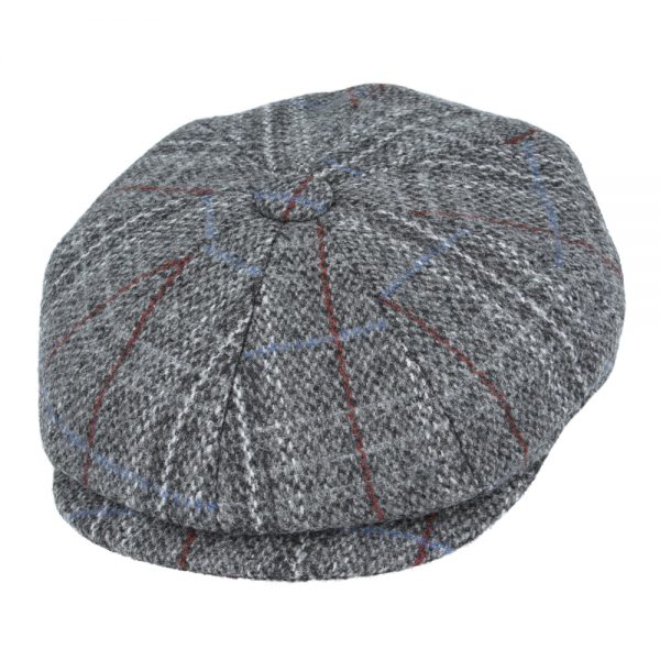 Maz Check Tweed 8 Panel Newsboy Cap - Grey