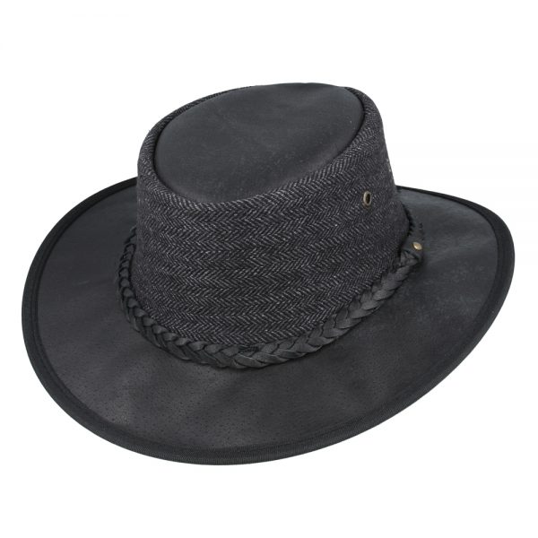 Gladwin Bond Genuine Leather Herringbone Western Outback Aussie Cowboy Hat - Black