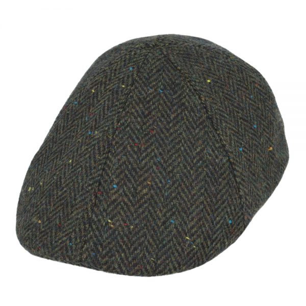 Duckbill Six Panel Herringbone Tweed Flat Cap - Green