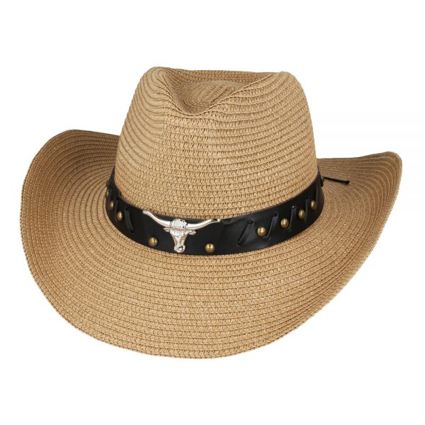 Summer Cowboy Hat With Shapeable Brim and buffalo Strap - Brown