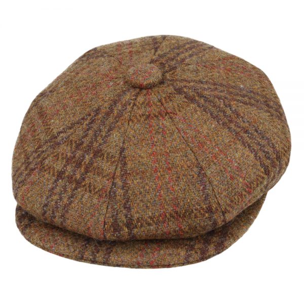 Checked Tweed Wool 8 Panels Newsboy Cap - Brown