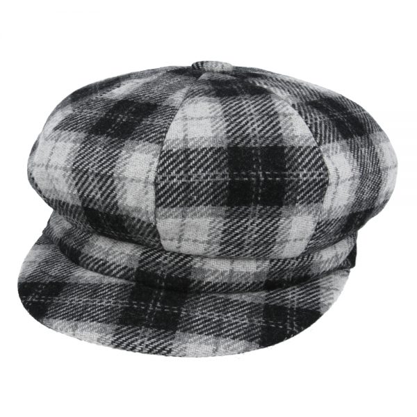 Women's Tartan Checked Baker boy Eight Panel Cap - Black/White