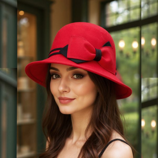 Maz Ladies Chic Vintage Wool Cloche Hat With Flower Bow & Strap belt Around