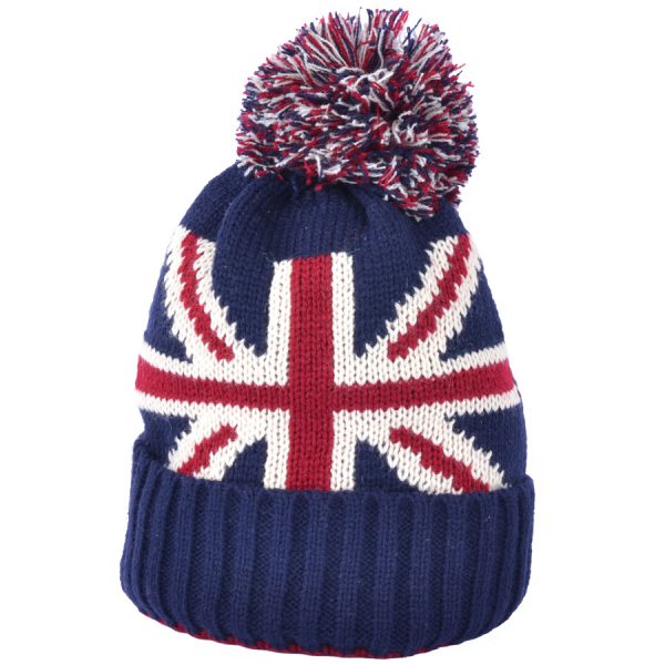 Union Jack Flag Knitted Pom Pom Beanie Hat