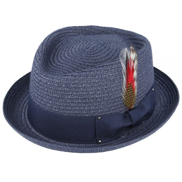 Summer Straw Diamond Crown Pork Pie Hat - Navy