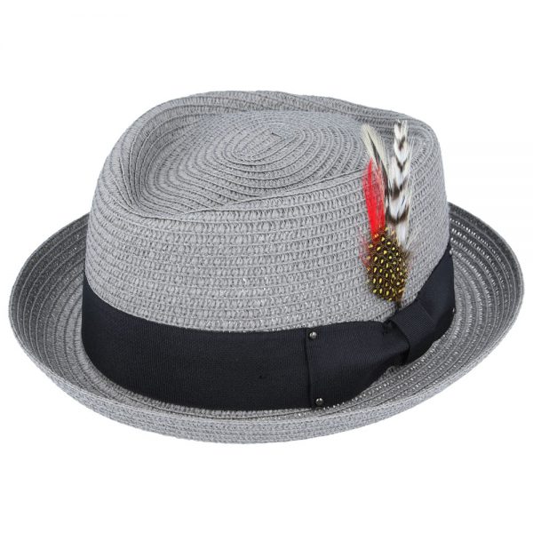 Summer Straw Diamond Crown Pork Pie Hat - Grey