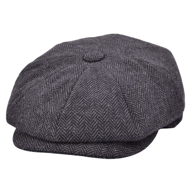 G&H Wool Herringbone 8 Panel Newsboy Cap - Dark Grey