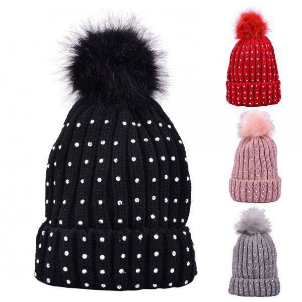 Maz Pom Pom Ribbed Diamante Beanie With Faux Fur Assorted Colours