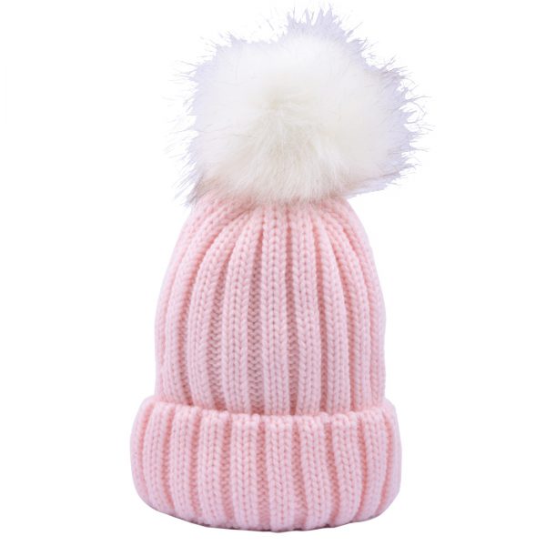 MAZ KIDS RIBBED BEANIE HAT WITH FOUX FUR POM POM