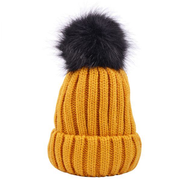 MAZ KIDS RIBBED BEANIE HAT WITH FOUX FUR POM POM