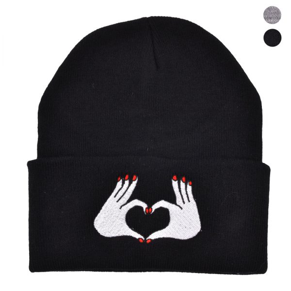 HEART HAND BEANIE HAT - BLACK/GREY