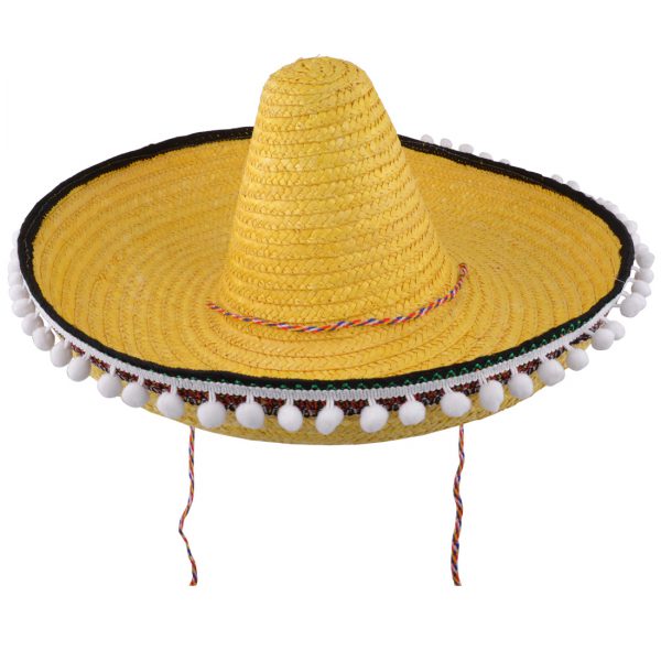 Maz Mexican Sombrero Pom Poms Wild Western Straw Hat - Mustard