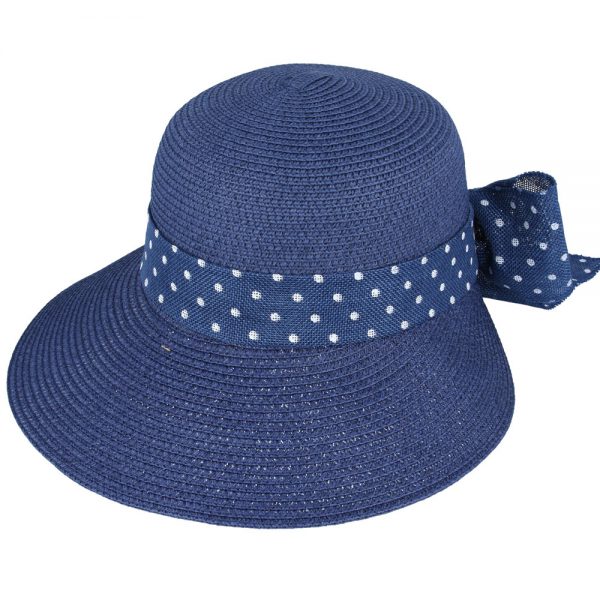 Split Brim Summer Cloche hat with Bow - Navy