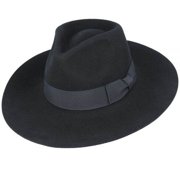 GLADWINBOND DAISY WIDE STIFF & SNAP BRIM FEDORA HAT - BLACK