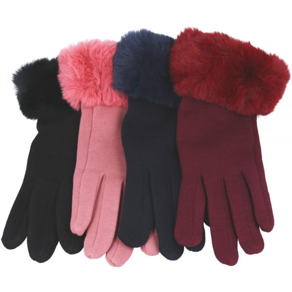 Maz Ladies Soft Cotton Gloves Touch Screen with Faux Fur- Black,Pink,Navy,Wine,