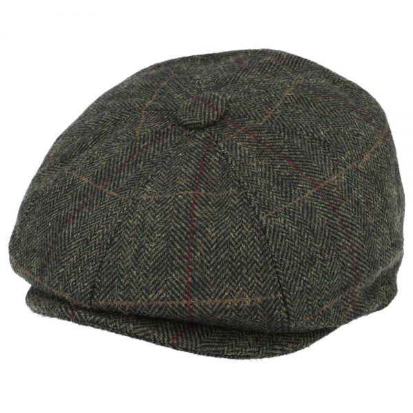 G&H Check Herringbone Newsboy Cap with Durable Red Stripe - Olive/Green