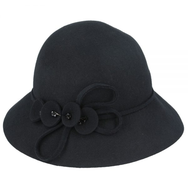 Maz Ladies Chic Vintage Wool Cloche Hat With Flower & Strap belt Around - Black