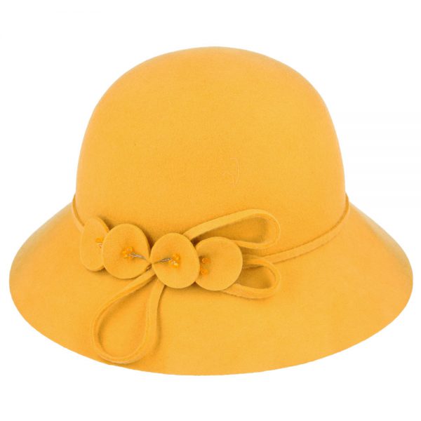 Maz Ladies Chic Vintage Wool Cloche Hat With Flower & Strap belt Around - Mustard
