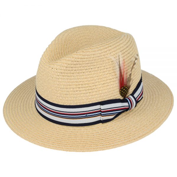 Summer Paper Straw Fedora Hat With Strip Band - Beige