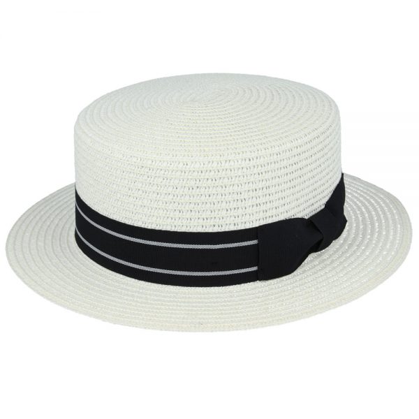 Summer Paper Straw Boater Hat Striped Band - Cream
